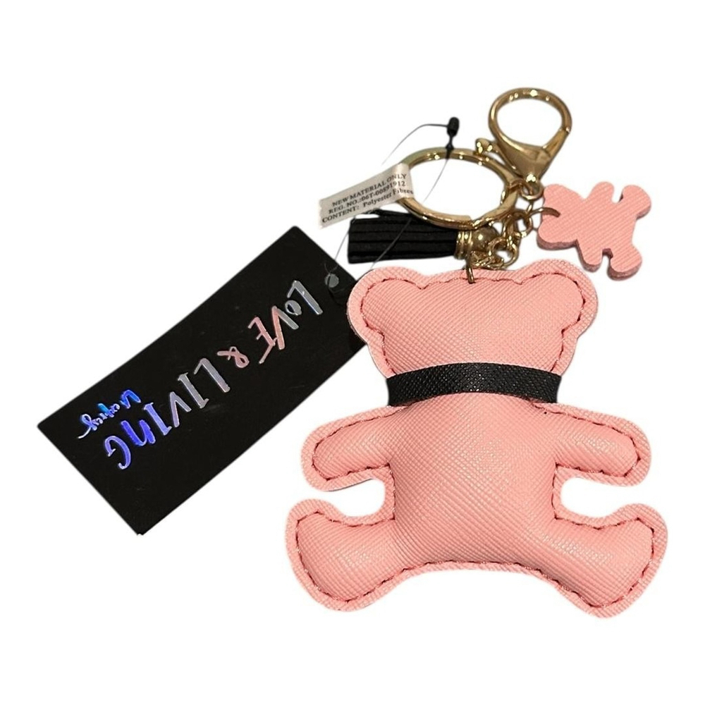Love & Living Cute Pink Teddy Bear Keychain Bag Charm Tassel Bow Gold Tone